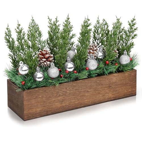 Scawim Spring Table Centerpiece, Xmas Arrangement Artificial Green Pine Branches Bauble Pine Branches Berries Farmhouse Centerpieces for New Year Holiday Party Home Decoration(Silver)
