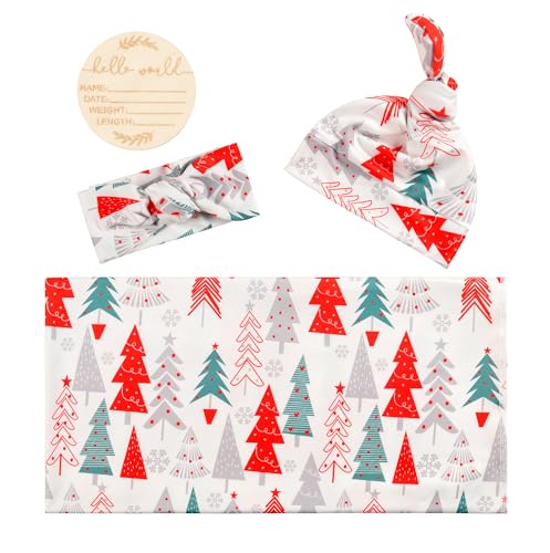 Image of Newborn Baby Girl Receiving Blanket Swaddle Blanket Stretchy Knit Swaddle Set with Matching Headband and Beanie (Red Tree Christmas)