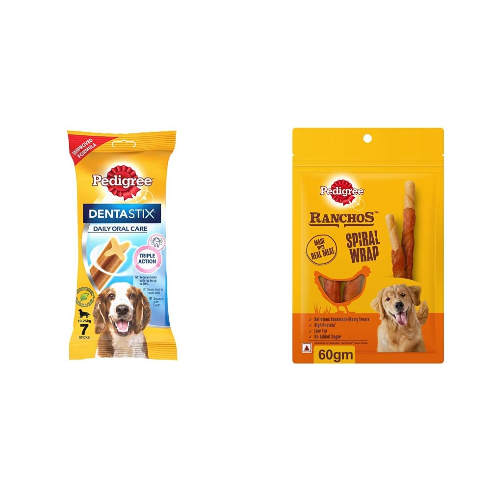 Pedigree Dentastix Medium Breed (10-25 kg) Oral Care Dog Treat, 180g Weekly Pack (7 Chew Sticks) & Pedigree RANCHOS Spiral Wrap Chicken & Smoky Lamb Flavour, 60 g (B0B8ZJ9FPP) Amazon Price History, Amazon Price Tracker