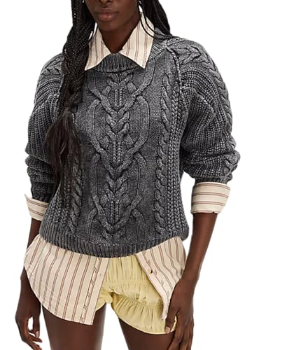 Mxiqqpltky Cable Knit Sweater Women Y2k Aesthetic Long Sleeve Crewneck Cropped Chunky Pullover Jumper Tops Fall Sweaters