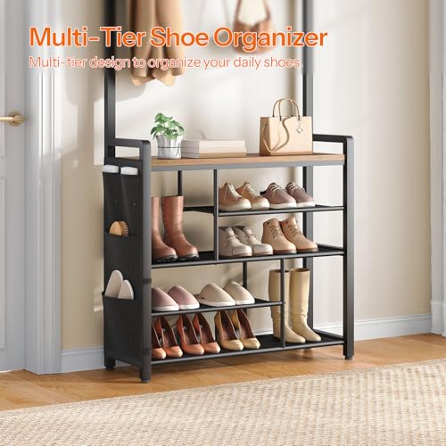 HOOBRO-Hall-Tree-with-Bench-Shoe-Rack-with-Coat-Rack-Coat-Rack-with-Shoe-Storage-5-Tier-Shoe-Storage-Organizer-with-Oxford-Fabric-Side-Pockets-Coat-and-Shoe-Rack-Entryway-Rustic-Brown-BF45MT01
