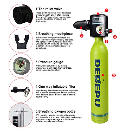 DEDEPU Mini Scuba Dive Cylinder Snorkeling Tank Portable Diving Equipment S3000-Package A 0.5L Inflatable Diving Cylinder Pony Bottle for Emergency Backup with Refilling Adapter (Green)