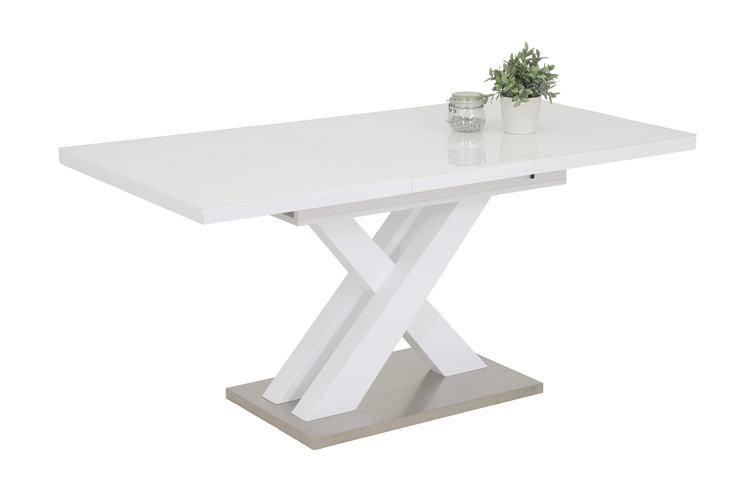 Hela Tische, Säulentisch Elvira, Holzwerkstoff lakiert, Hochglanz Weiß + 4mm Glasplatte, Bodenplatte Edelstahl, ausziehbar 120-160x80cm