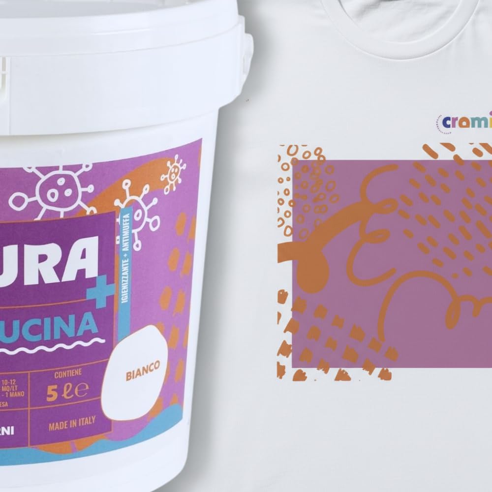 Kit Idropittura Traspirante Antimuffa Bianco Bagno Cucina 5 Litri con T-shirt Soft Chaos in Cotone, Design Malva e Terracotta (M)