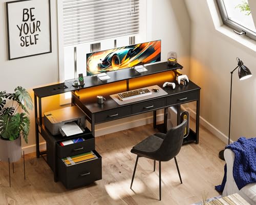 Coleshome Schreibtisch mit 5 Schubladen aus Stoff, Reversibler Gaming Tisch mit Steckdose, Computertisch mit Monitorständer und LED-Leuchten, Home Office Schreibtische, Schwarz, 160x48cm – Bild 3