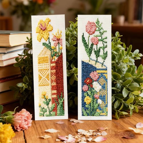 Image of ACRNIGHEET 6PCS Cross Stitch Bookmark Kit for Beginner Stamped Cross Stitch Kits for Adults Book & Flowers DIY Embroidery Bookmark Kits Needlepoint Kit with Instructions Craft Gift 8.5''x3'' 11CT