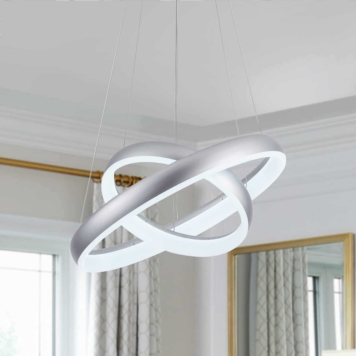 Modern LED Chandelier, 2 Rings Ceiling Pendant Light Dimmable Circular Flush Mount Chandelier Hanging Lamp Fixture for Living Dining Room Bedroom Silver Cool White 6000K