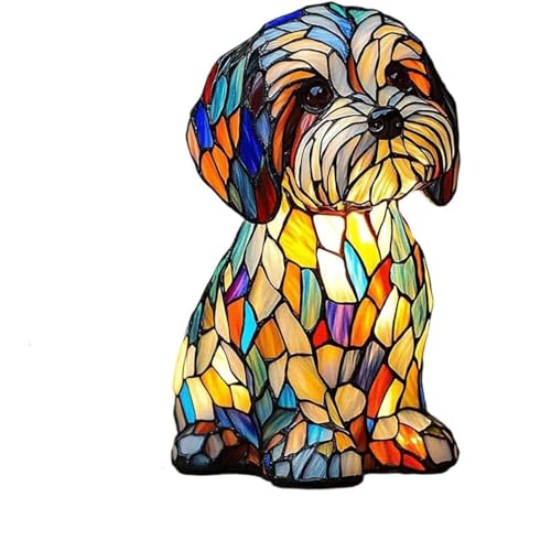 Stained Glass Dog Lamp, 3D Cute Vintage LED Tabletop Night Light with USB, Puppy Bedside Lamp for Bedroom Desk Nursery Decor, Gift for Dog Lovers (J)