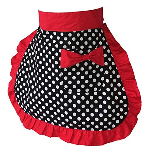 ICNGLKSND Womens Apron Retro Polka Dots Print Waist Cloth Housekeeping Apron Oil and Splash proof Cooking Accessories for Adults (Red, One Size)