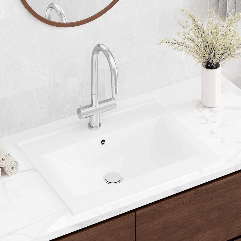 Lavabo de cerámica rectangular blanco 60 x 46 cm con orificio para grifo, lavabo empotrable y de pared para baño, fácil de limpiar, ahorra espacio, diseño moderno, equipamiento sanitario