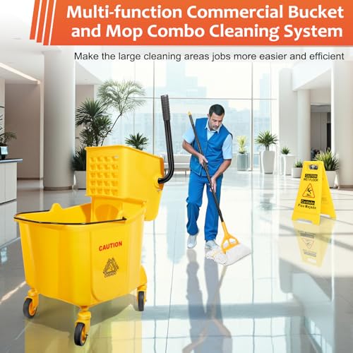 Image of 35 Qt Commercial Mop Bucket with Side Press Wringer on Wheels Set | Including 35 Quart Industrial Mop Bucket |1 Commercial Mop |1 Wet Floor Caution Sign | Yellow