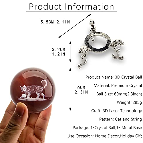 HDCRYSTALGIFTS 60mm 3D Cat Crystal Ball Figurine Gifts for Women Men Glass Laser Engraved Animal Cat Kitty Crystal Ball with Stand Paperweights Glass Sphere Ball Ornaments Decor Gifts for Lovers - Image 2