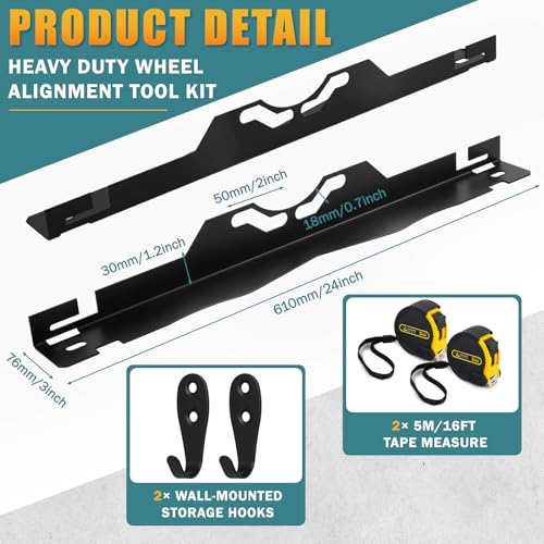 Image of Heavy Duty Toe Alignment Tool Plates, Black Wheel Alignment Tool with 2 Measuring Tapes, Stainless Steel Wheel Car Alignment Kit for Home Use, with 2 Storage Hooks for Easy Wall-Mounted Storage