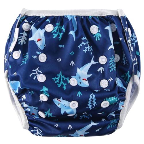 Reusable Swim Nappy SMALL 4-12kg (Newborn to 18mths/ Size 000-1) Adjustable Boys 'Baby to Toddler' Premium Cloth Swimming Diaper SHY SHARKS_S