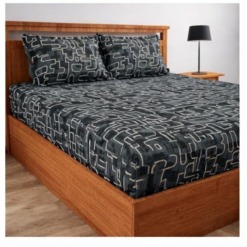 Image of Jashan Super Soft Glace Cotton Fabric 300 TC All Around Elastic Fitted Elegent Design King Size Double Bed Bedsheet with 2 Pillow Covers Fits Upto Mattress of 10 Inche,Size-72 x 78 x 10 Inche-Black