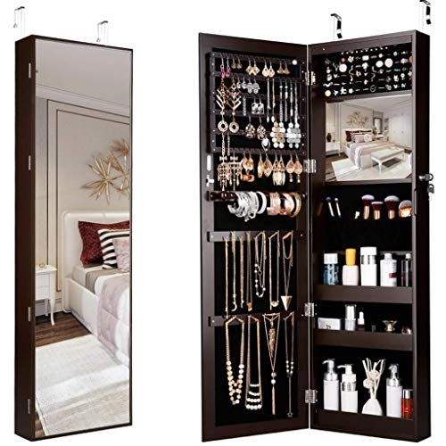 ZQCM Armario para joyería, Pared/Puerta - Espejo Colgante para Montaje en Puerta Armario para joyería Armario de Cuerpo Entero con Cerradura con Luces LED, Brown