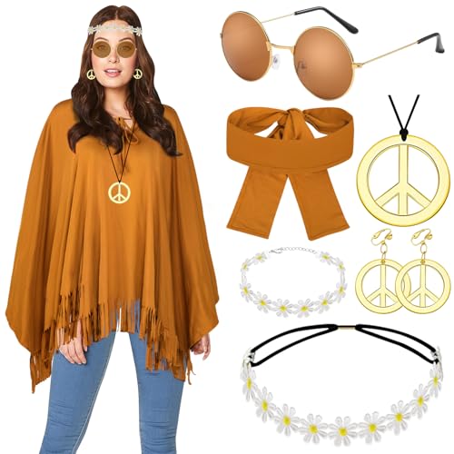 BITOWO Hippie Kostüm Damen Set Karneval Poncho Hippie Accessoires 60er 70er Jahre bekleidung Damen Disco Outfit Fasching Hippie kleidung Boho Indianerin Poncho Flower Power Cowgirl Kostüm Frau