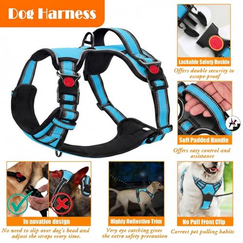 No Pull Dog Harness, Collar & Leash Set with Retractable Dog Seat Belt, Collapsible Dog Bowls and Poop Bag Dispenser - Ideal for Training, Walking, Hiking - Fits Small to Large Dogs(Blue-M) - Image 5