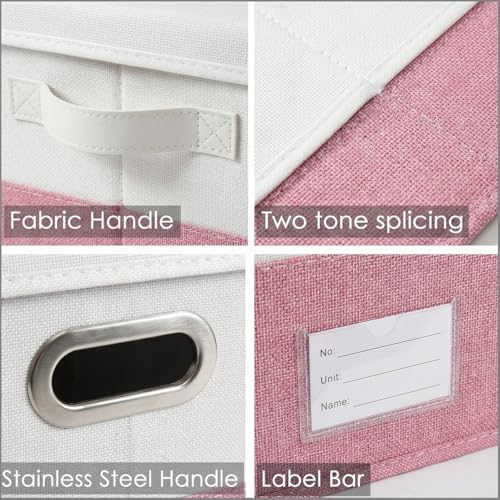 Image of PRANDOM Storage Bins with Lids [3-Pack] Linen Fabric Foldable Storage Boxes Organizer Containers Baskets Cube with Cover for Bedroom Closet Office White&Pink (23.4X15.9X11.4)