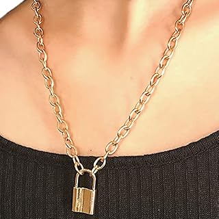 Junhouse Padlock Necklace Stainless Steel Lock Chain Punk Necklace Chic Gifts for Men Women Silver Gold (Gold,one size)