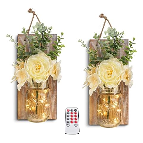 HOMKO Rustic Wall Decor, Mason Jars Wall Sconces with Remote Control Multi-Mode LED Lights, Hanging Farmhouse Decor (Set of 2) - Rustic Brown Cover