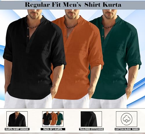 Image of Zombom Combo of Men's Solid Cotton Polyester Blend Full Sleeve Mandarin /Chinese Collor Straight Kurta Shirt (Pack of 3)