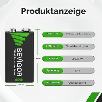 BEVIGOR 9V 2000mWh wiederaufladbare Batterien 9V NiMH-Akkus mit hoher Kapazität 4 Stück