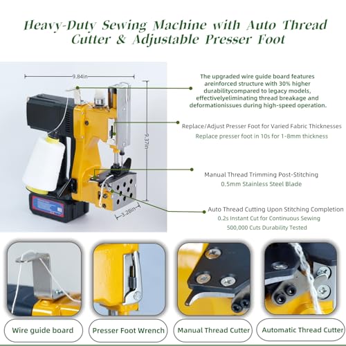 Image of Cordless Bag Sewing Machine |PortableIndustrial Bag Closer |2-Second Fast Sealingfor Woven PP /Canvas /Jute Bags |Factory &Farm Bag Stitcher (Yellow, Lithium Battery-36VDC)