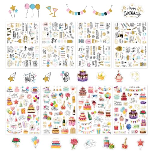 8 hojas pegatinas infantiles, pegatinas de cumpleaños, pegatinas de feliz cumpleaños, pegatinas para libro de firmas de cumpleaños (DIY), para álbum de fotos, tarjetas y regalos