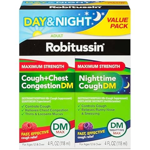 Robitussin Maximum Strength Cough + Chest Congestion DM And Maximum Strength Nighttime Cough DM, Cough Medicine For Adults, Berry Flavor - 4 Fl Oz Bottles (Pack of 2) Cover