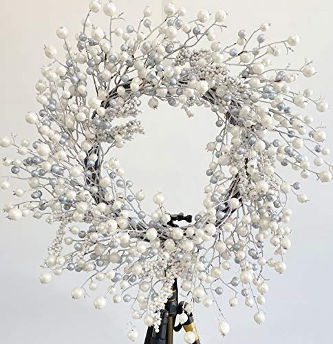 Huashen 24 Inch Summer Front Door Wreath Summer Berry Wreath Metallic Effect Pearl White & Silver Berry Christmas Wreaths For Front Door Wall Window Hanging Christmas Decoration Home Décor #TOP9