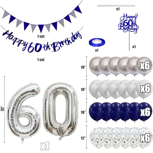 Image of 60th Birthday Decorations for Men Women, Blue Silver White Birthday Balloons, Blue Happy 60th Banner Cake Topper Number 60 Foil Balloon for 60 Year Old Party Decoration