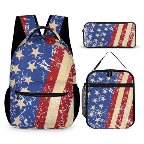 Vintage United States Flag Funny Backpack Set Lunch Bag Pencil Case Makeup Bag 3 in 1 for Men Women Travel