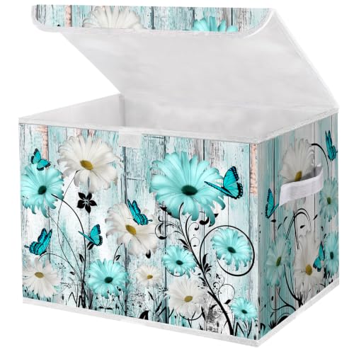Image of Briwooody Blue Daisy Storage Bin with Lid and Carrying Handle Floral Butterfly Foldable Storage Box Large Farmhouse Decorative Collapsible Container Basket for Organizing Closet Home Bedroom Gift