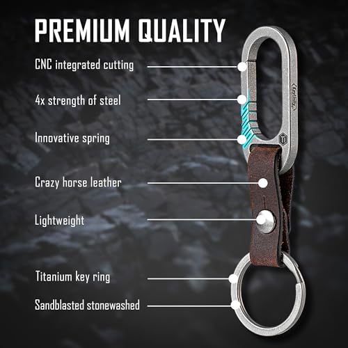 Image of KeyUnity KM02 Titanium Belt Clip Carabiner Leather Keychain Holder with Removable Stainless Steel Key Ring