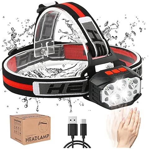 OKYUK Head Torch, Rechargeable USB Headlamp, Super Bright LED Headlight with Motion Sensor, Red Warning Light Function, 7 Lighting Modes, IP65 Waterproof, Suitable for Camping, Fishing, Hiking Cover