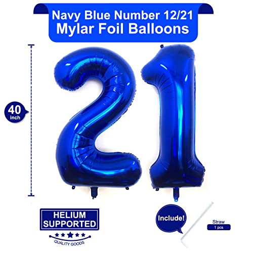 Image of 40 Inch Navy Blue 21 Number Balloons Giant Jumbo Huge 12 or 21 Foil Mylar Helium Number Digital Balloons Dark Blue Birthday Mylar Digital Balloons 12th 21st Birthday Anniversary Events Party