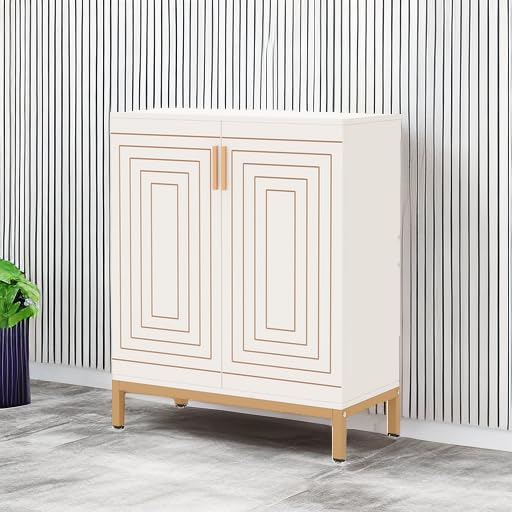 Tribesigns Shoe Cabinet with Doors, 20 Pairs Entryway Shoe Storage Cabinet with Shelves, 5-Tier Modern Free Standing Shoe Racks Storage Organizer for Closet, Living Room, Bedroom (White/Gold)