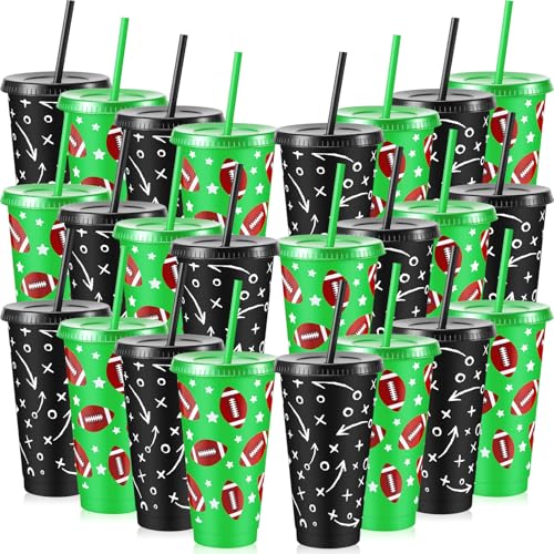 Chuangdi 24 Pcs 24oz Football Plastic Cups with Lid and Straw Football Party Favors Reusable Drinking Tumblers for Sport Themed Birthday Party Decoration
