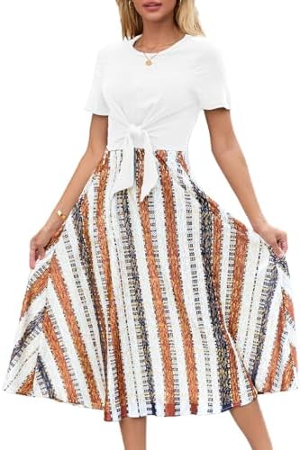 Women's Casual Summer Dress Crewneck Short Sleeve Tie Knot Front Flowy Midi Dress with Pockets for Party & Daily