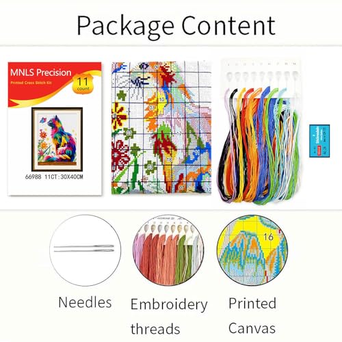 Image of Zhenqing Playful Cat & Butterfly Cross Stitch Kit for Beginners - 11CT Printed 30x40cm Aida Cloth, Colorful Threads & Needle Included (No Hoop /Scissors) (66988)