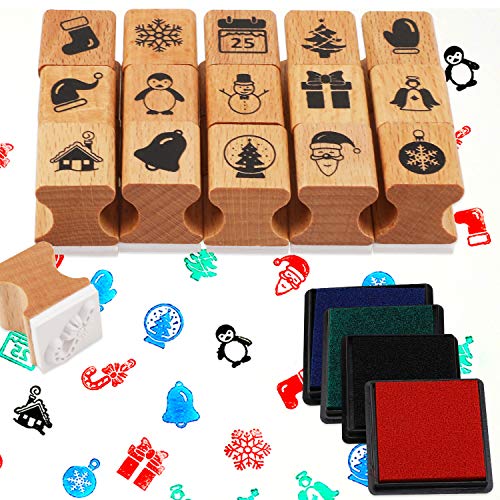 HOWAF Wooden Christmas Stamps Set with Ink Pad for Crafting Card Making Christmas Stamps Pack for Children Xmas DIY Painting Scrapbooks Christmas Party Bag Fillers Favor Decoration Supplies