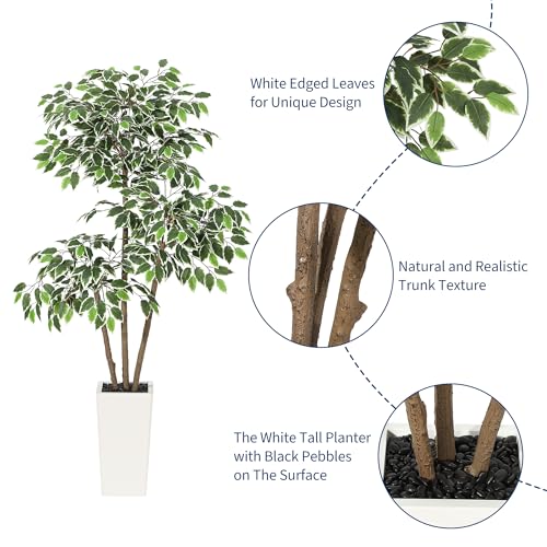 GarveeHome 5ft Artificial Ficus Tree,Tall Faux Floor Plant with White Tall Planter -Fake Plants for Home Decor Indoor with 3 Natural Trunks & White-Edged Leaves,Faux Greenery Tree for Garden Decor
