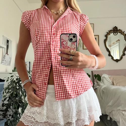 Image of Y2k Girls Vintage Coquette Button Down Shirt Women Short Sleeve V-Neck Slim Fitted T-Shirt Cute Blouse Crop Top
