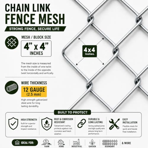 Image of Fencing Wire | Fencing Net| Heavy Duty Galvanized Chain Link Fencing Net | 6 Ft Height x 50 Ft Roll | 12 Gauge (2.5 mm) | 4 inchx4 inch Mesh | Farm, Garden, Boundary & Security Fencing Wire