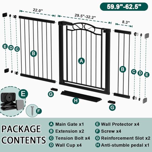 Image of Fairy Baby 59.9 inch-62.5 inch Extra Wide Baby Gate with Door, 60 61 62 Inches Walk THR Baby Gates for Stairs Pressure Mounted no Drill, Indoor Tension Metal Child Pet Dog Safety Gate for Kids, Black