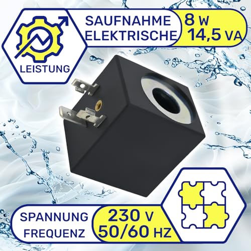 Spule für Magnetventil - 39 x 36 x 29 mm Ø 13,2 mm - Class H IP65-230V 8W 50/60Hz 14,5VA - Garantie 10 Jahre - MONTERAL