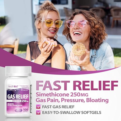 Image of HealthA2Z Gas Relief Simethicone 250mg, Fast Gas & Bloating Relief, Relieve Symptoms Naturally, 100 Softgels (Pack of 2)