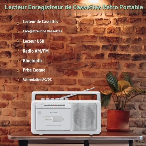 Baladeur Cassette,Lecteur de Cassettes Portable, Radio stéréo AM/FM vintage avec Bluetooth, USB, prise casque, enregistreur cassette portable pour la maison ou l'extérieur – vue 2
