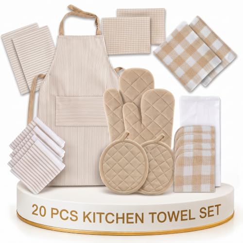 LANE LINEN 20 Piece Kitchen Linen Set - Soft Absorbent Cotton Dish Towels, Reusable Terry Dish Cloths, Flour Sack Towels for Baking, Quilted Oven Mitts & Pot Holders for Everyday Cooking - Beige